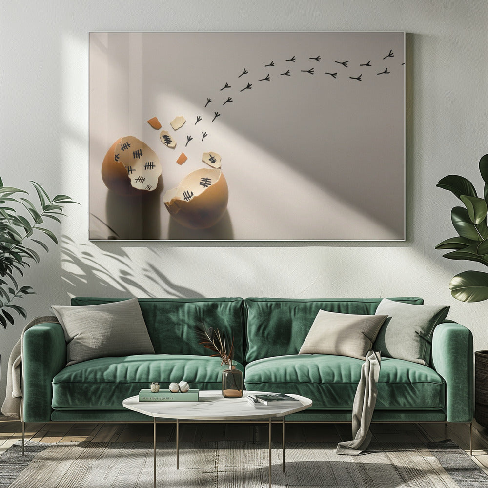 A conceptual art piece showing a broken brown eggshell against a beige background. Inside the shell are black tally marks, as if counting days. A trail of tiny black chicken footprints leads away from the egg, suggesting a chick has finally hatched and escaped after a long wait. Artwork