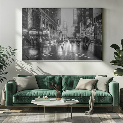 A moody black and white photograph of a snowy day in New York City's Times Square. The wet streets reflect the bright lights of the surrounding buildings and billboards as pedestrians cross the street and cars wait in traffic. Artwork