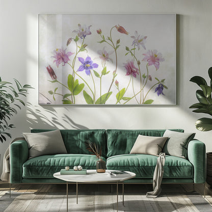 A delicate arrangement of various columbine flowers in shades of purple, pink, white, and red, with bright green leaves and stems against a soft, light-textured background, enclosed in a silver frame. Artwork