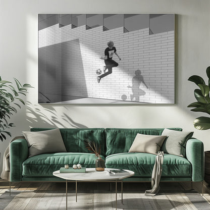 A framed, black and white photograph of a young person in mid-air, skillfully juggling a soccer ball with their foot against a clean, white brick wall. The person's shadow is cast sharply on the wall, mirroring the action, under a modern building with angled windows. Wall Art