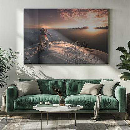 A mountain biker seen from behind pauses on a snowy mountain summit, overlooking a vast, misty mountain range as the sun sets, casting a warm orange and pink glow across the sky and snow. Artwork