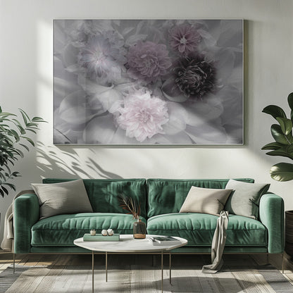 A soft-focus floral artwork in a silver frame, featuring a dense arrangement of dahlias. The image is mostly grayscale, with the flowers highlighted in muted tones of lavender, mauve, and deep purple for a dreamy, romantic feel. Print
