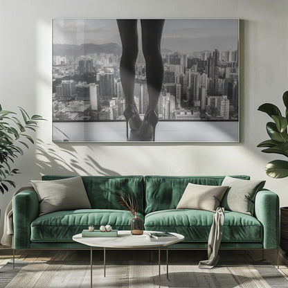 A framed black and white photograph showing the back of a woman's legs and high heels as she stands before a large window, looking out over a vast, dense cityscape with distant mountains under a cloudy sky. Artwork
