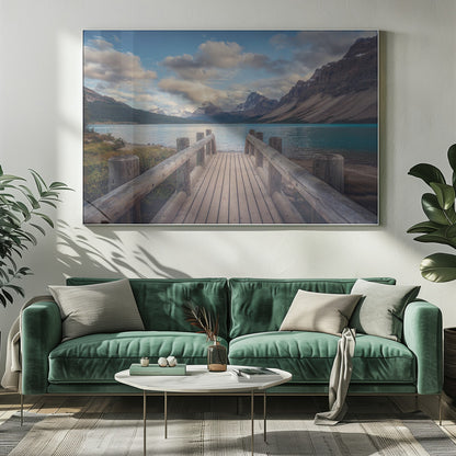 A wooden pier leads out onto a vibrant turquoise glacial lake, surrounded by towering, snow-dusted mountains under a dramatic cloudy sky. The image is presented in a silver frame. Artwork