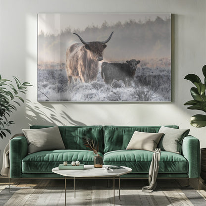 A framed photograph of a shaggy brown Highland cow and its small black calf standing together in a frosty field during a misty morning. Poster