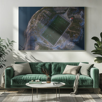An art print featuring a distant view of a football field under a wide sky, evoking a sense of space and tranquility. Wall Art