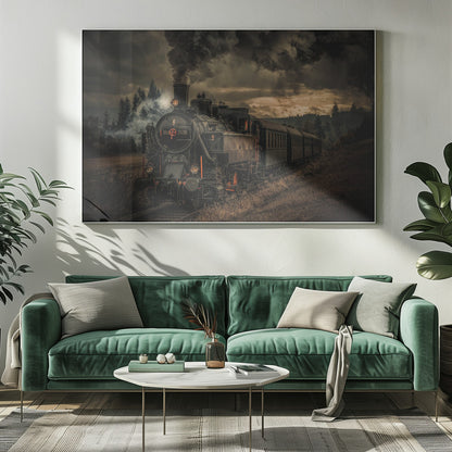 A powerful black steam locomotive on a railway track, billowing thick dark smoke into a dramatic, cloudy sky. The train travels through a rustic, grassy landscape, and the image has a warm, vintage color tone, all within a silver frame. Wall Art