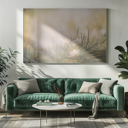 A soft-focus, dreamy photograph of two small white daisies with yellow centers nestled among blades of green grass. The background is a blurry wash of warm beige and golden light, creating a serene and gentle atmosphere. The artwork is enclosed in a silver frame. Decor