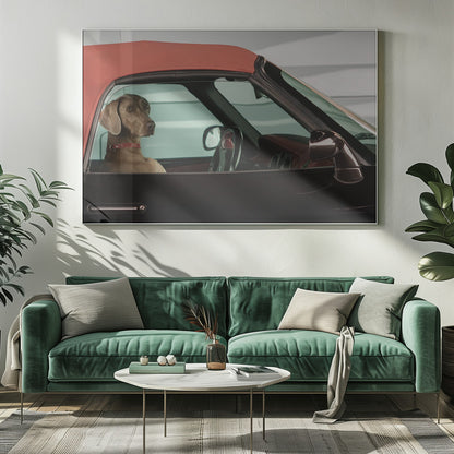 A Weimaraner dog sits in the driver's seat of a black convertible car with a red soft top. The dog is looking out the side window with a calm expression. Artwork