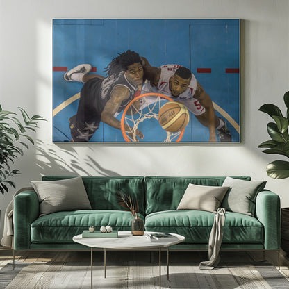 An overhead, bird's-eye view photograph of two basketball players looking up from below the hoop as a basketball goes through the net. The court is bright blue, and the image is enclosed in a silver frame. Poster