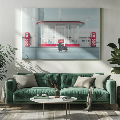 A small black and tan dachshund standing proudly on the pavement in front of a retro-style glass-walled gas station with bright red trim and two vintage red and white checkered gas pumps. Wall Art