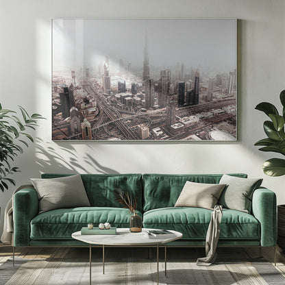 An aerial photograph of a sprawling modern cityscape on a hazy day, framed in silver. The iconic Burj Khalifa stands tall in the center background, surrounded by numerous other skyscrapers and a complex network of highways and interchanges in the foreground, all rendered in a muted, slightly sepia-toned color palette. Print