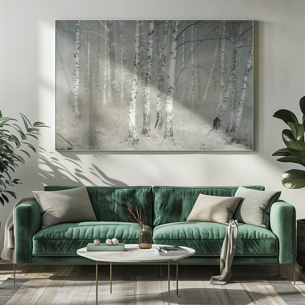 A framed photograph of a dense birch forest shrouded in thick, grey fog. The white and black patterned bark of the numerous birch trees stands out against the muted, ethereal background, creating a serene and moody atmosphere. Poster