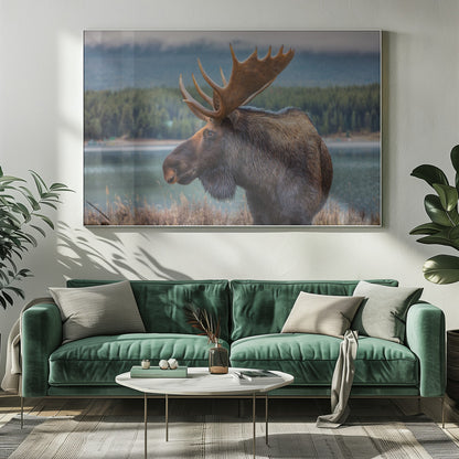 A close-up, side profile photograph of a majestic bull moose with large, impressive antlers, standing by the edge of a calm lake with a misty, pine-covered mountain range in the background, all enclosed in a silver frame. Decor