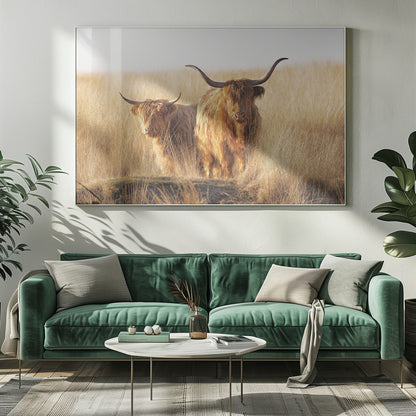 A framed photograph of two majestic Highland cattle with long, shaggy reddish-brown fur and impressive curved horns, standing together in a sunlit field of tall, golden-brown grass. Artwork