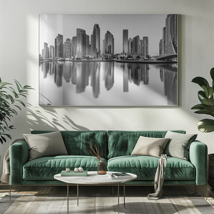 A framed black and white photograph of the Dubai Marina skyline, with its modern skyscrapers perfectly reflected in the calm water of the canal. Decor