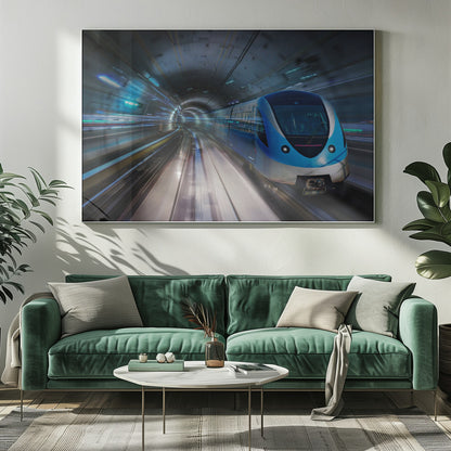 A modern blue and silver high-speed train travels through a curved, brightly lit subway tunnel, with motion blur conveying a sense of rapid movement, enclosed within a silver frame. Poster