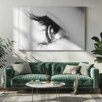 A dramatic black and white macro photograph of a human eye in profile, with a surreal reflection of a person's silhouette visible in the pupil. Print