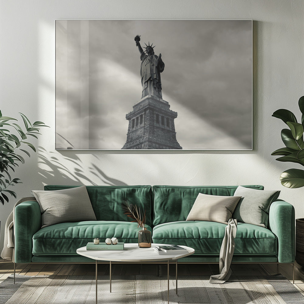 A low-angle, black and white photograph of the Statue of Liberty standing tall against a cloudy, dramatic sky, enclosed in a silver frame. Poster