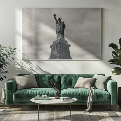A low-angle, black and white photograph of the Statue of Liberty standing tall against a cloudy, dramatic sky, enclosed in a silver frame. Poster
