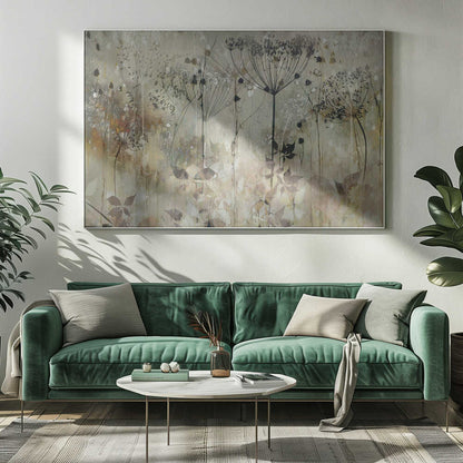 An abstract botanical artwork featuring the delicate black silhouettes of wildflowers, like Queen Anne's lace, against a muted, textured background of beige, sage green, and earthy brown. The composition has a dreamy, layered effect and is displayed in a silver frame. Print