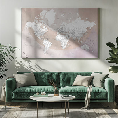 A modern world map in a silver frame, featuring white continents and dusty pink oceans. The map is detailed with black typography for countries, cities, and oceans. Print