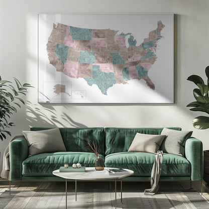 A stylized map of the United States in a silver frame. The states are colored with a marbled texture in alternating shades of muted brown, dusty pink, and teal. Each state is labeled, and the words 'UNITED STATES' are spaced across the country. Insets for Alaska and Hawaii are in the bottom left corner. Artwork