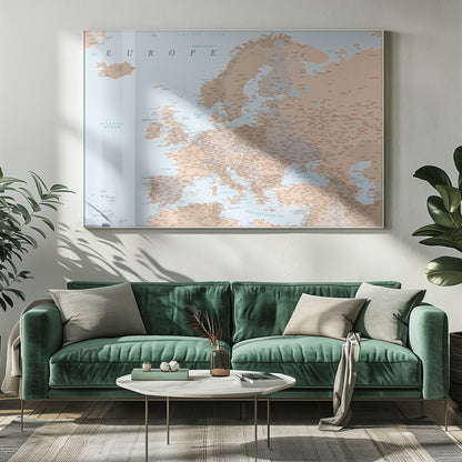 A detailed political map of Europe with countries and cities labeled, presented in a muted color palette of beige and brown for land and light blue for water, all within a light gray frame. Decor