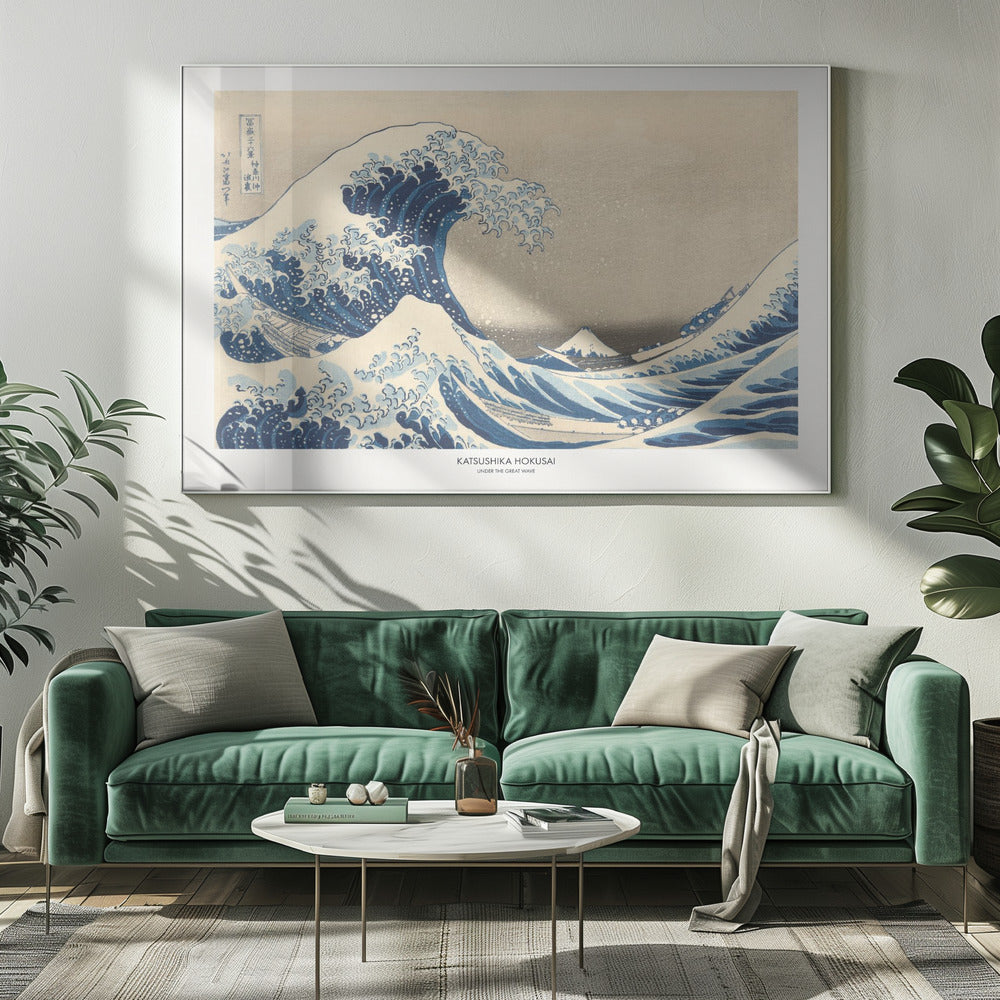 A framed print of Katsushika Hokusai's famous woodblock artwork, 'The Great Wave off Kanagawa,' featuring a giant, turbulent blue wave with white foam cresting over small boats, with Mount Fuji visible in the background under a muted sky. Wall Art