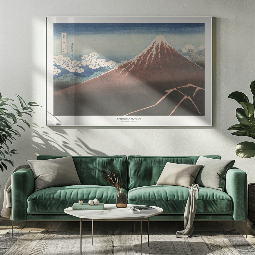 A framed Japanese woodblock print by Katsushika Hokusai titled 'Shower Below the Summit.' The print depicts a large, dark brown and reddish mountain, likely Mount Fuji, with a snow-capped peak. The sky above is a deep blue, and stylized white clouds are scattered around the mountain's slope. In the dark foreground, a jagged pink line represents a lightning strike. Artwork