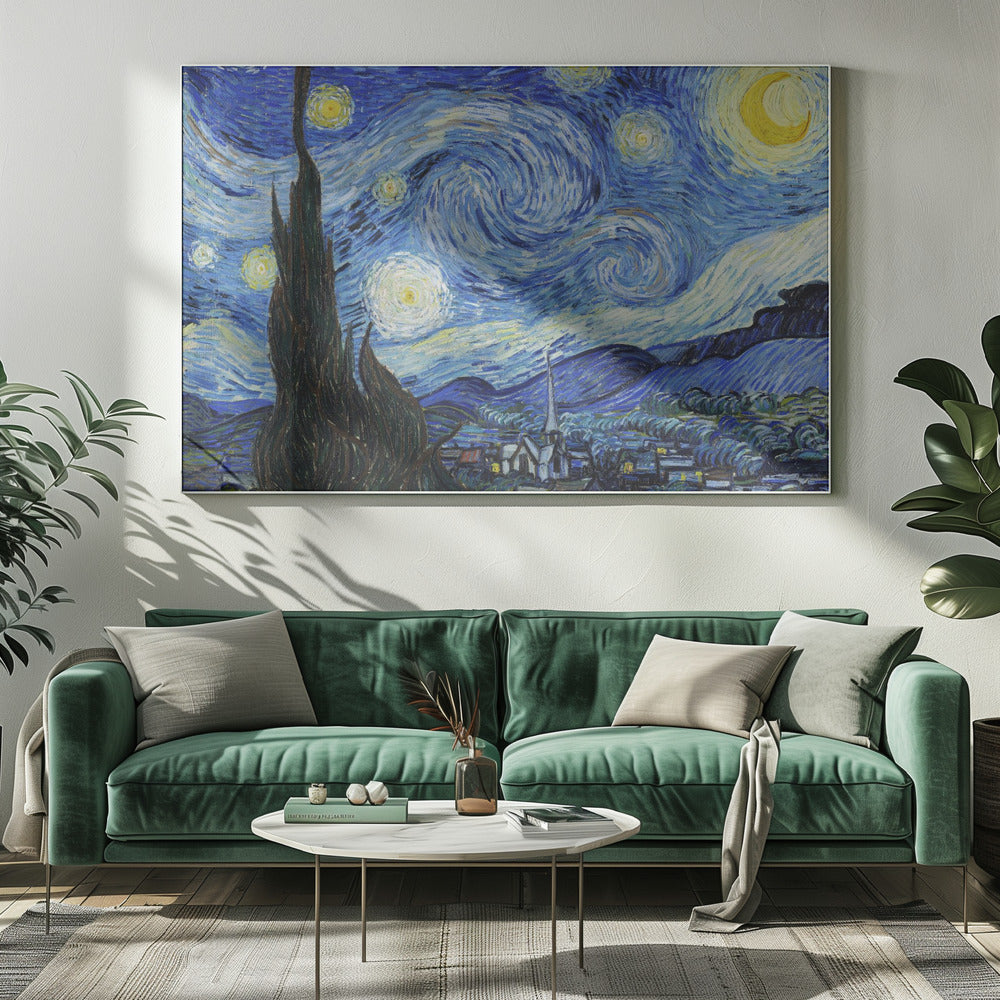Vincent van Gogh's famous post-impressionist painting, 'The Starry Night,' in a simple silver frame. The artwork features a dramatic, swirling night sky in deep blues and yellows, with a glowing crescent moon and radiant stars over a peaceful village and a large, dark cypress tree in the foreground. Artwork