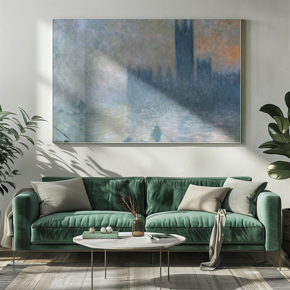 An Impressionist painting in a silver frame depicting the silhouette of the Houses of Parliament in London through a thick blue and grey fog, with the faint orange glow of a sun in the sky and small boats on the River Thames. Wall Art