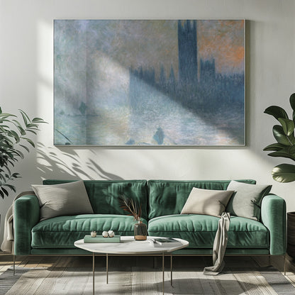 An Impressionist painting in a silver frame depicting the silhouette of the Houses of Parliament in London through a thick blue and grey fog, with the faint orange glow of a sun in the sky and small boats on the River Thames. Wall Art