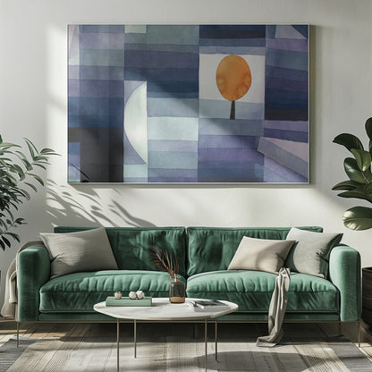 A framed abstract watercolor painting by Paul Klee, featuring a geometric background of horizontal stripes in various shades of blue and purple. A single stylized tree with a vibrant orange, circular top is set against a white background, creating a stark contrast. Poster