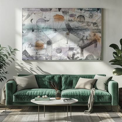 An abstract painting by Paul Klee featuring a complex composition of fine black lines, geometric shapes, and whimsical figures like balloons and boats. The background has subtle watercolor washes of pale orange, blue, and purple, creating a dreamlike and intricate scene within a silver frame. Artwork