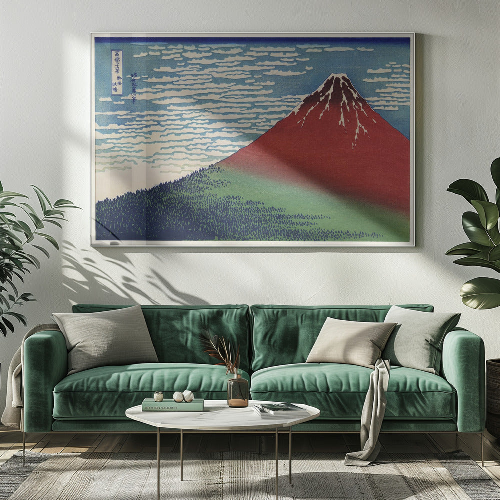 A Japanese woodblock print, Hokusai's 'Fine Wind, Clear Morning', showing a large, reddish-brown Mount Fuji with snow at its peak. Below the mountain is a dense green forest, and above is a blue sky with rows of white, stylized clouds. Print