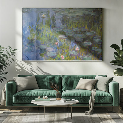 A framed impressionist painting of a water lily pond. The artwork features shades of blue water, numerous green lily pads, and scattered white and pink flowers, all rendered with visible, textured brushstrokes in the style of Monet. Wall Art