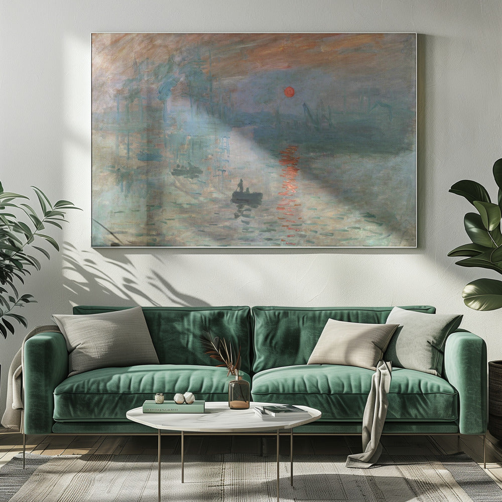 A framed Impressionist painting by Claude Monet titled 'Impression, Sunrise.' It depicts a hazy, misty harbor scene with a bright red-orange sun rising in the sky and reflecting on the water. Silhouettes of boats and industrial ships are visible through the fog. Wall Art