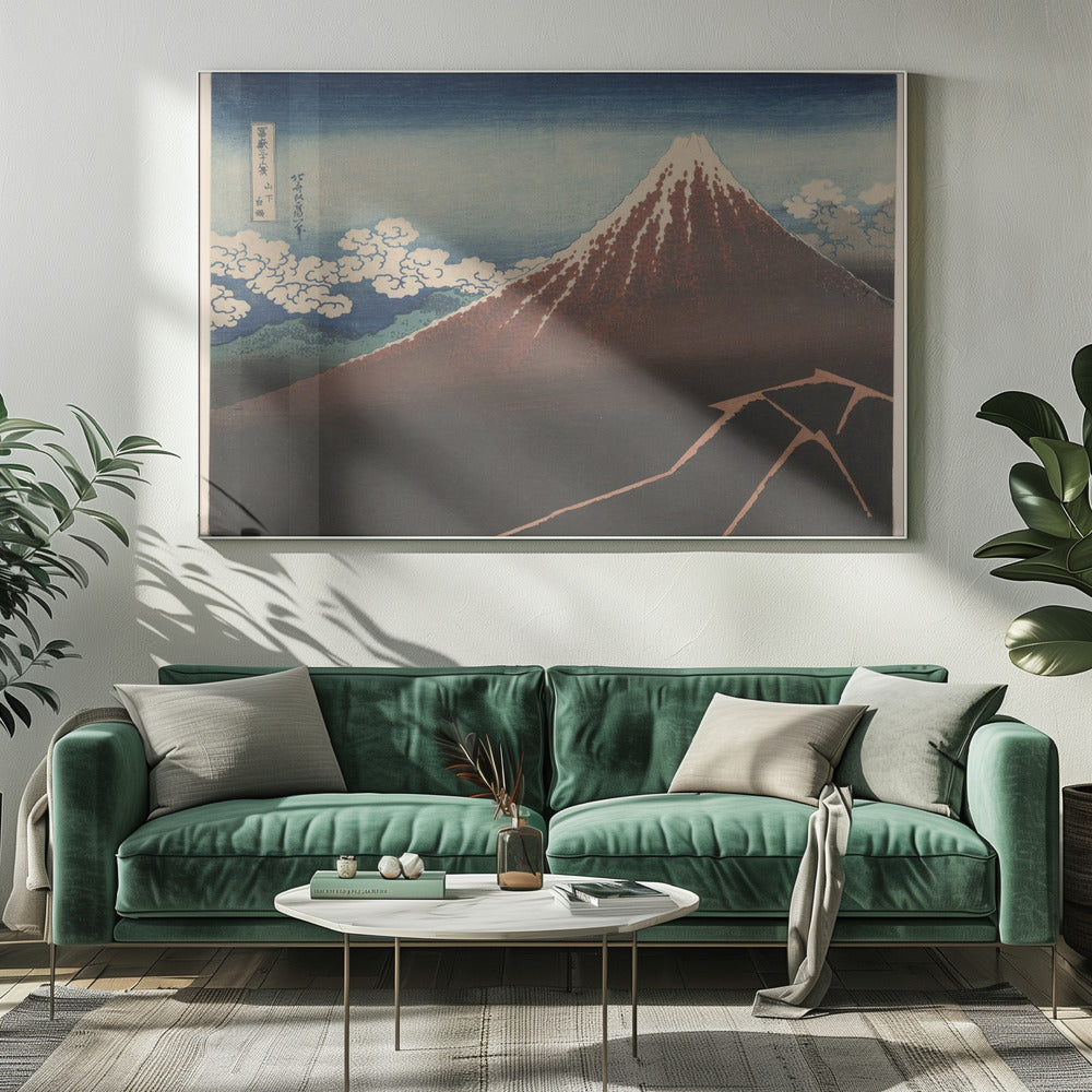 A classic Japanese ukiyo-e woodblock print by Hokusai, 'Thunderstorm Beneath the Summit', depicting a reddish-brown Mount Fuji with its snowy peak against a blue sky. Stylized clouds gather below the summit, and a fork of lightning illuminates the dark landscape at the mountain's base. Print