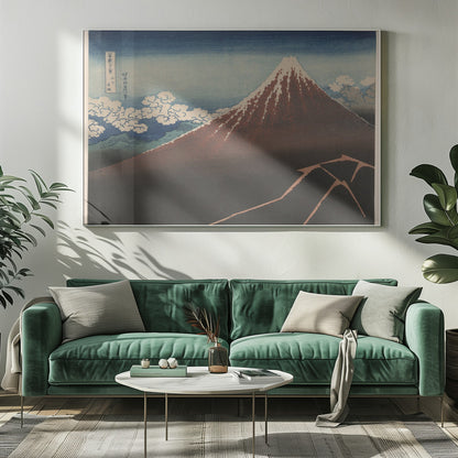 A classic Japanese ukiyo-e woodblock print by Hokusai, 'Thunderstorm Beneath the Summit', depicting a reddish-brown Mount Fuji with its snowy peak against a blue sky. Stylized clouds gather below the summit, and a fork of lightning illuminates the dark landscape at the mountain's base. Print