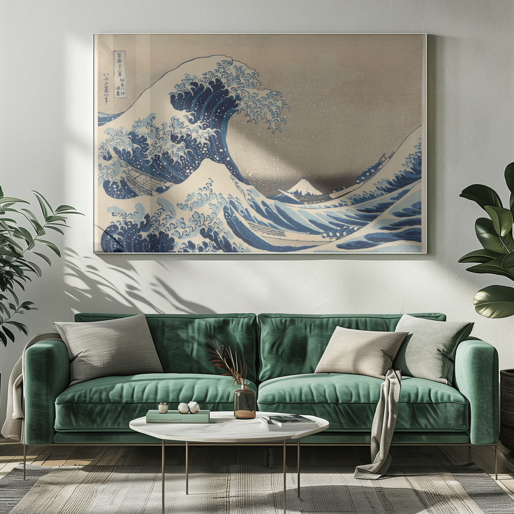 The Great Wave off Kanagawa by Hokusai, a famous Japanese ukiyo-e woodblock print. It depicts a massive, deep blue wave with claw-like white foam cresting and about to crash over three boats, with a small, snow-capped Mount Fuji visible in the background under a pale, graded sky. Artwork