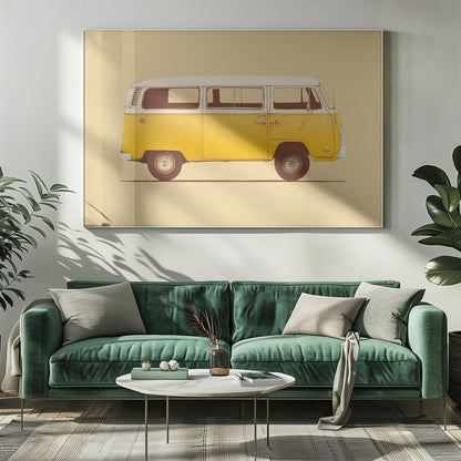 A vintage-style, framed illustration of a classic yellow and white camper van in side profile against a solid pale yellow background. The artwork has a retro, printed texture. Decor