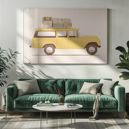 A side-profile illustration of a vintage yellow station wagon with a stack of luggage strapped to its roof rack. The car is set against a solid cream-colored background, giving the artwork a retro and minimalist feel. Decor