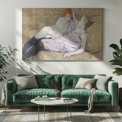 A Post-Impressionist painting by Henri de Toulouse-Lautrec titled 'The Sofa,' depicting two women lounging together on a greenish-tan couch. One woman with vibrant red hair, propped up on her elbow, looks down at her companion, who is lying back wearing a light pink dress and black stockings. The style is loose and painterly. Artwork