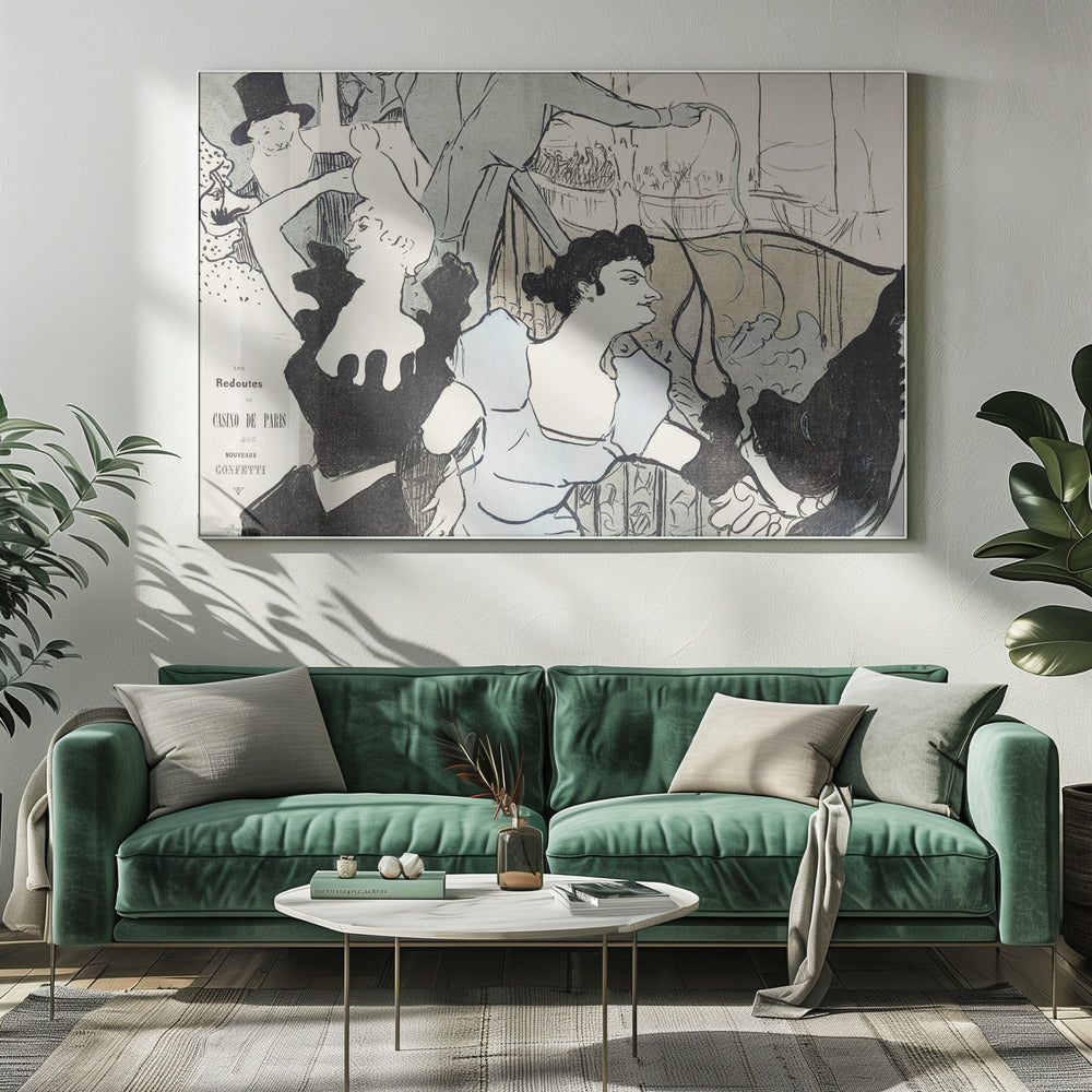 A framed Art Nouveau print by Henri de Toulouse-Lautrec depicting a bustling scene at the Casino de Paris. The lithograph features stylized figures, including a woman in a light blue dress and another in black, with a smiling man in a top hat in the background, all rendered with bold black lines and a limited color palette. Artwork