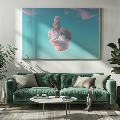A surreal framed artwork featuring a large pink and white cloud in the shape of a hand giving the middle finger, set against a bright turquoise sky with faint wispy pink clouds. Wall Art