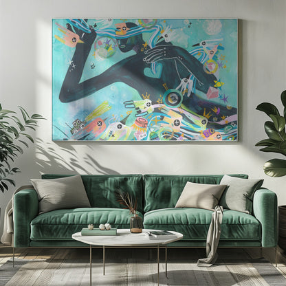 A vibrant abstract painting featuring a dark silhouette of a person against a turquoise background. The figure is surrounded by a chaotic explosion of colorful shapes, including stylized birds, stars, crowns, and geometric forms, creating a dynamic and dreamlike scene. Poster
