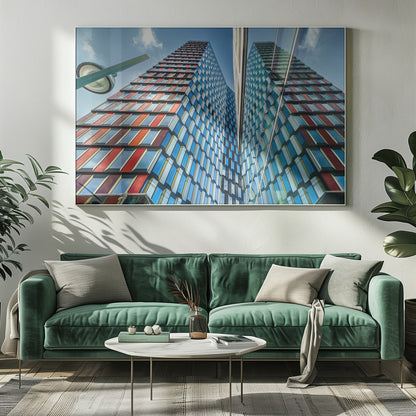 A low-angle shot of a modern skyscraper with a colorful facade of blue, red, and orange geometric panels, reflected in an adjacent glass building under a bright blue sky, all enclosed in a silver frame. Poster
