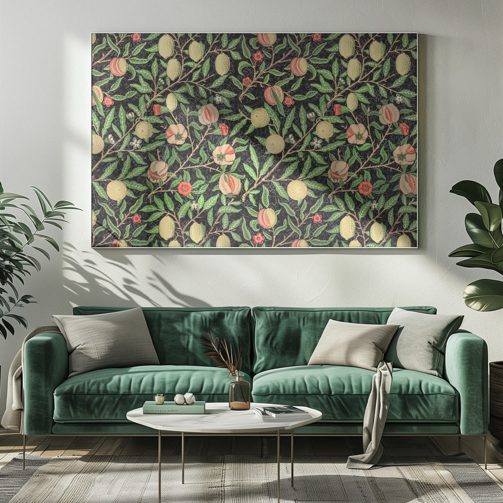A framed vintage botanical pattern featuring various fruits like lemons, peaches, and pomegranates on twisting branches with green leaves and small flowers, all set against a dark, detailed background. The style is reminiscent of William Morris. Wall Art