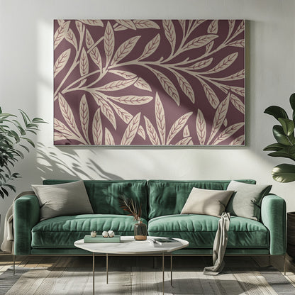 A framed piece of art with a repeating pattern of stylized, cream-colored leaves and branches on a deep burgundy background. The frame is a simple silver. Poster